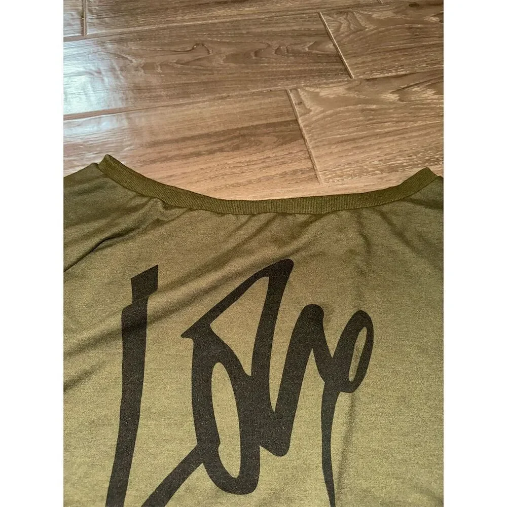 Nancy Rose Women's 2XL Off-Shoulder Love Sweatshirt olive green